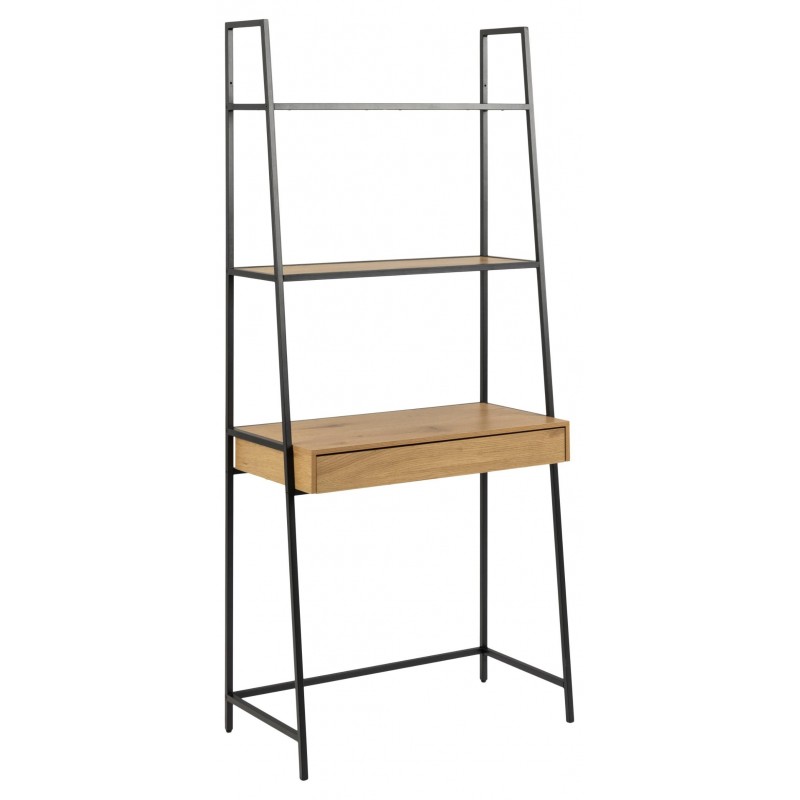 Opbevaringsreol Signature Alira i mat sort stål med hylder og skuffe i mat vild eg H174,5xB77xD36 cm