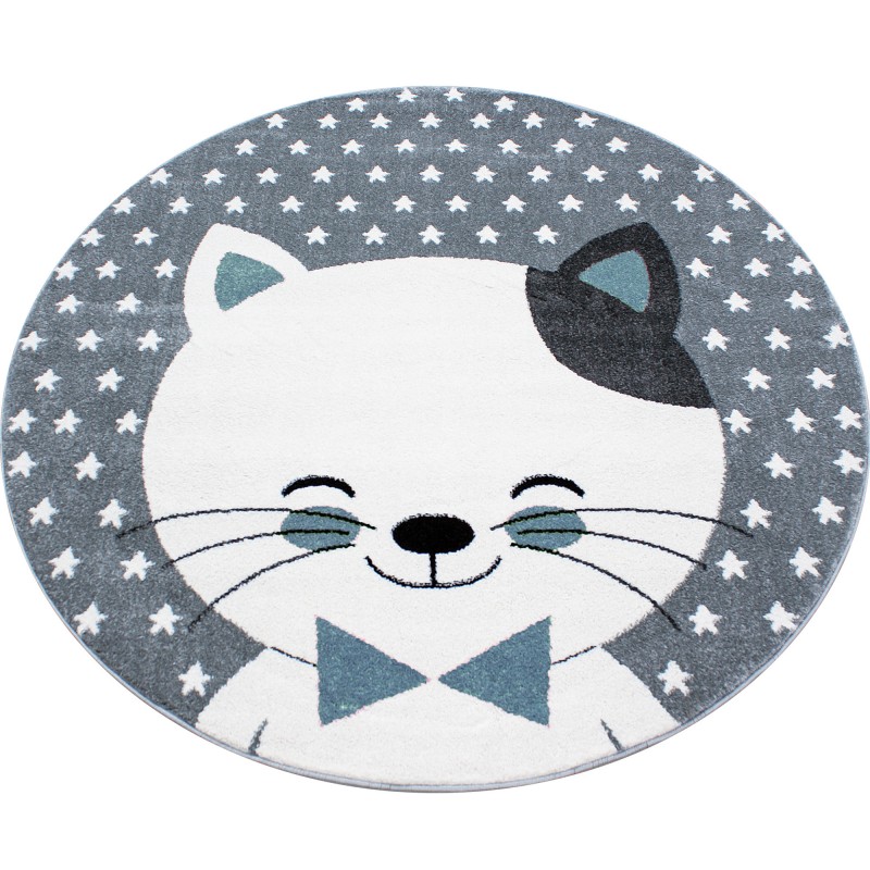 Kids Rund Børnetæppe Kat - Blå - 120x120 (Rund) billede